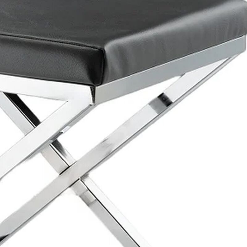 Myra 21 Inch Accent Stool, Gray Faux Leather Seat, Chrome Crossed Legs - Benzara
