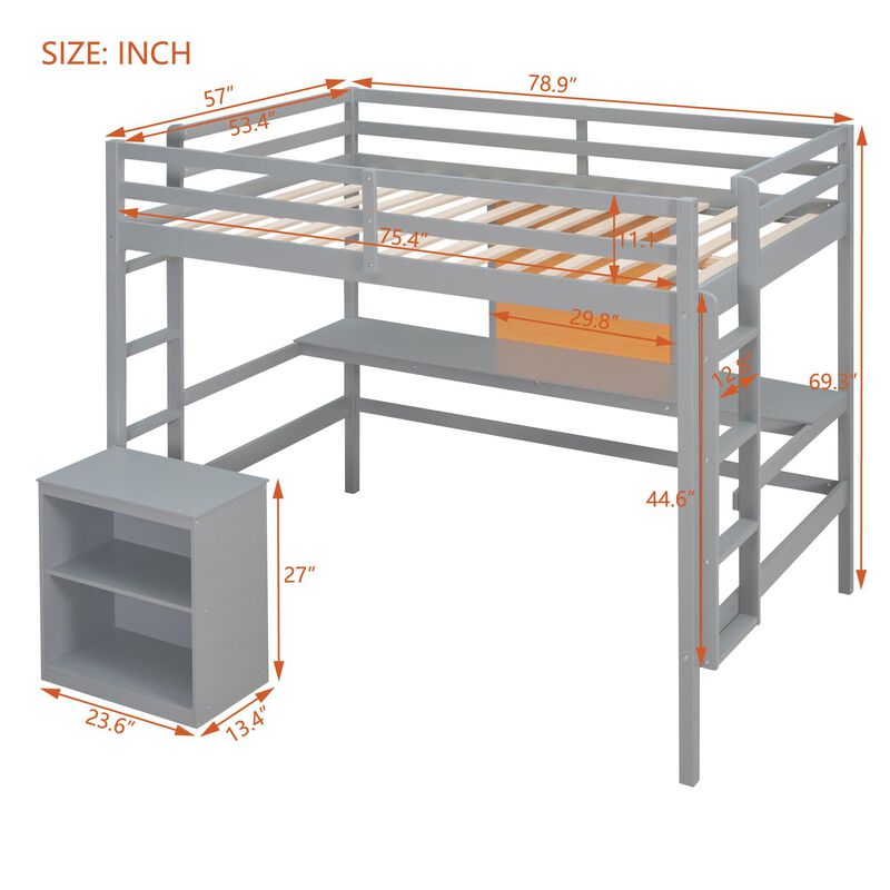 Loft Bed with Desk and Writing Board, Wooden Bed with 2-Drawer Cabinet for Storage