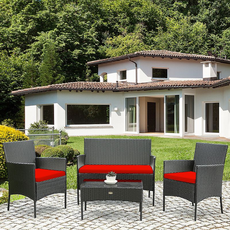 4 Pieces Patio Rattan Cushioned Sofa Set with Tempered Glass Coffee Table-Red