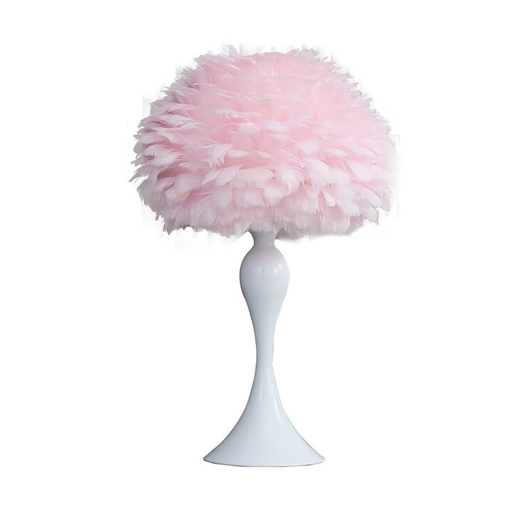 Lily 24 Inch Metal Glam Feather Table Lamp, Candlestick, 40W, Pink, Red-Benzara