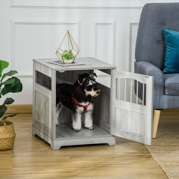 Gray Pet Furniture: Stylish Dog Crate End Table with Cushion