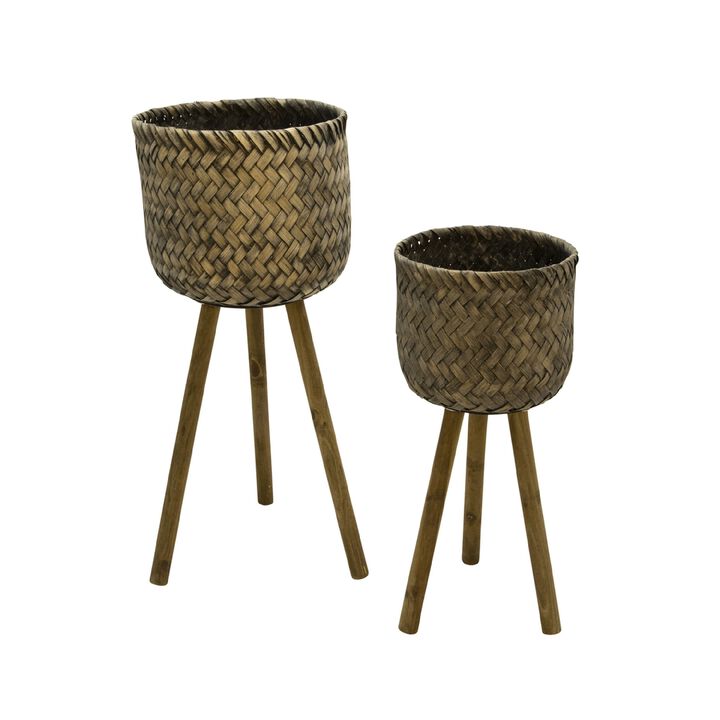 Basket Shape Bamboo Planters on Flared Wooden Stand, Rustic Brown, Set Of Two-Benzara