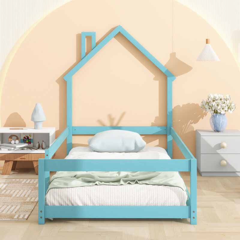 Twin Size Wood Bed With House-Shaped Headboard Floor Bed With Fences, Light Blue