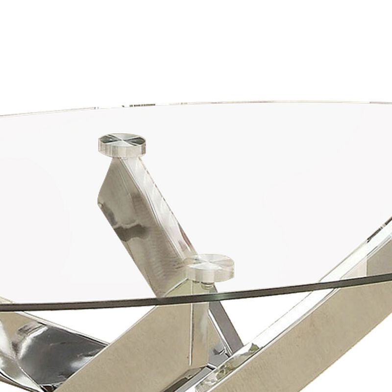 Oval Shape Glass Top Coffee Table with Criss Cross Base, Silver and Clear-Benzara