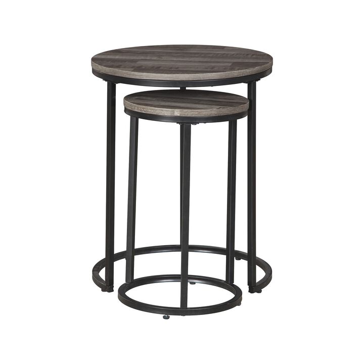 Round Wooden Top Metal Accent Table, Set of 2, Gray and Black-Benzara
