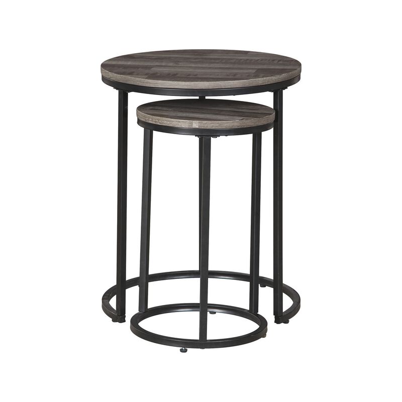 Round Wooden Top Metal Accent Table, Set of 2, Gray and Black-Benzara