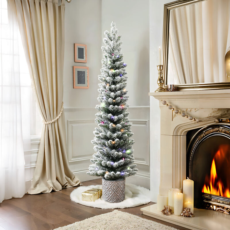 LuxenHome 5Ft Flocked Artificial Tree Potted with Multi-Color Lights