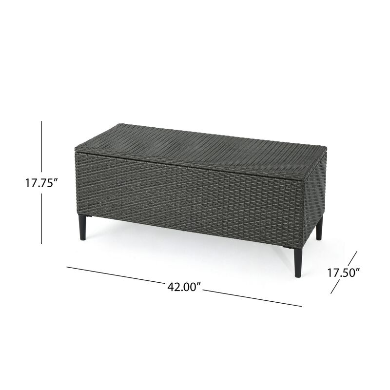 Gert Outdoor Wicker Bench with Storage, 42 Inch Iron, Gray Rattan - Benzara