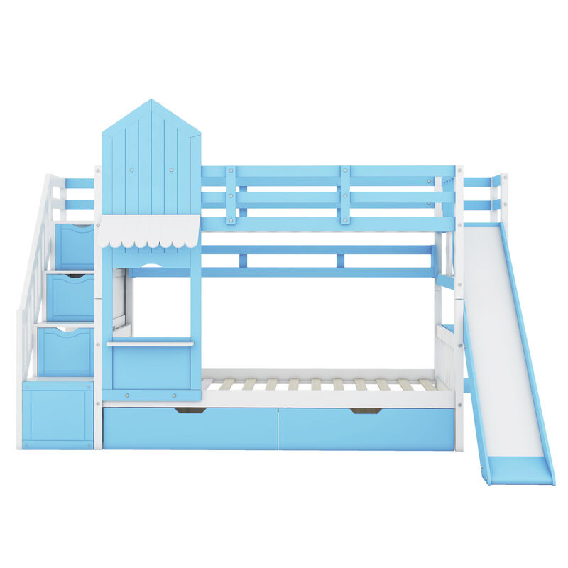 Twin Over Twin Castle Style Bunk Bed With 2 Drawers 3 Shelves And Slide