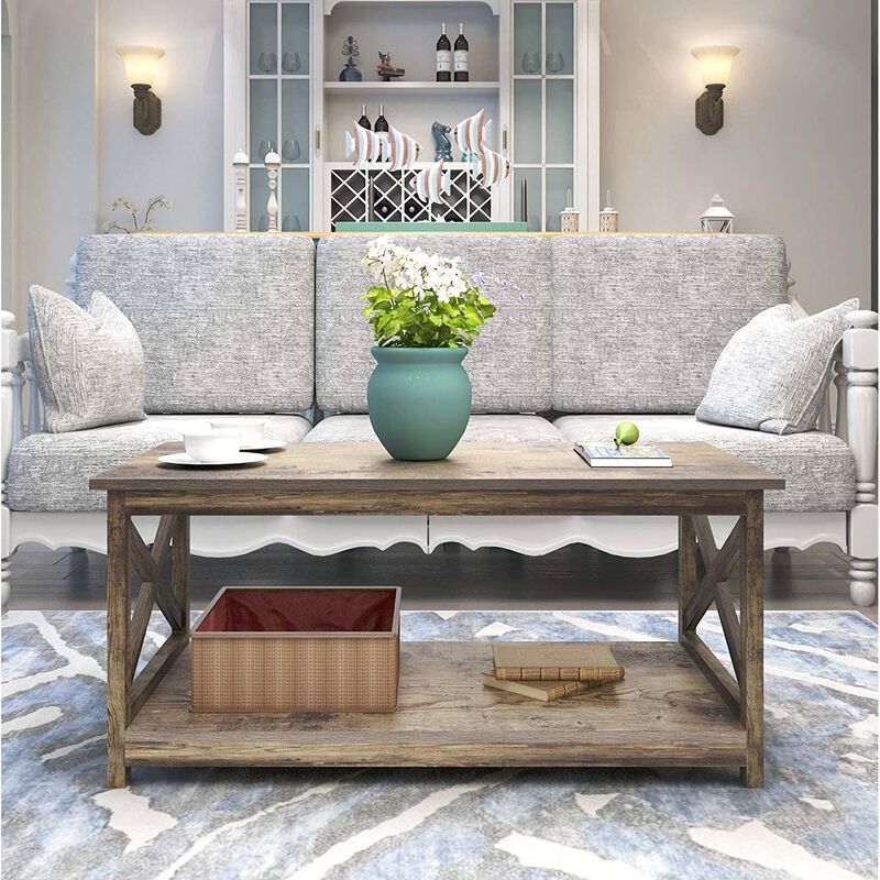 Hivvago Contemporary 2-Tier Farmhouse Coffee Table in Rustic Wood Finish