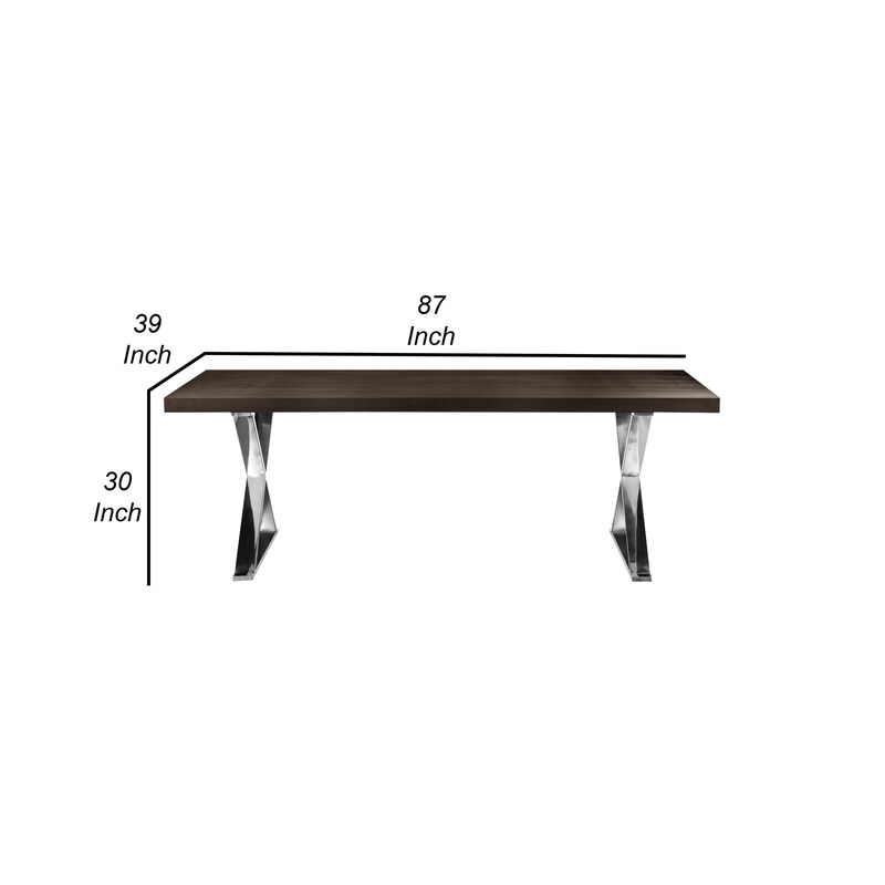 Rix 87 Inch Dining Table, Espresso Brown Wood Top, X Chrome Steel Legs - Benzara