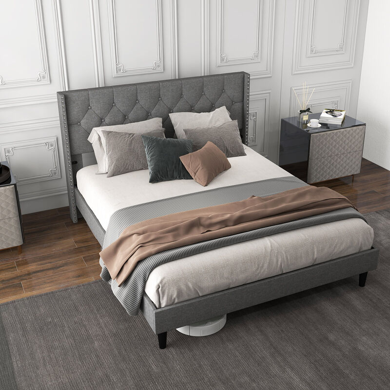 Upholstered Platform Bed with Button Tufted Headboard