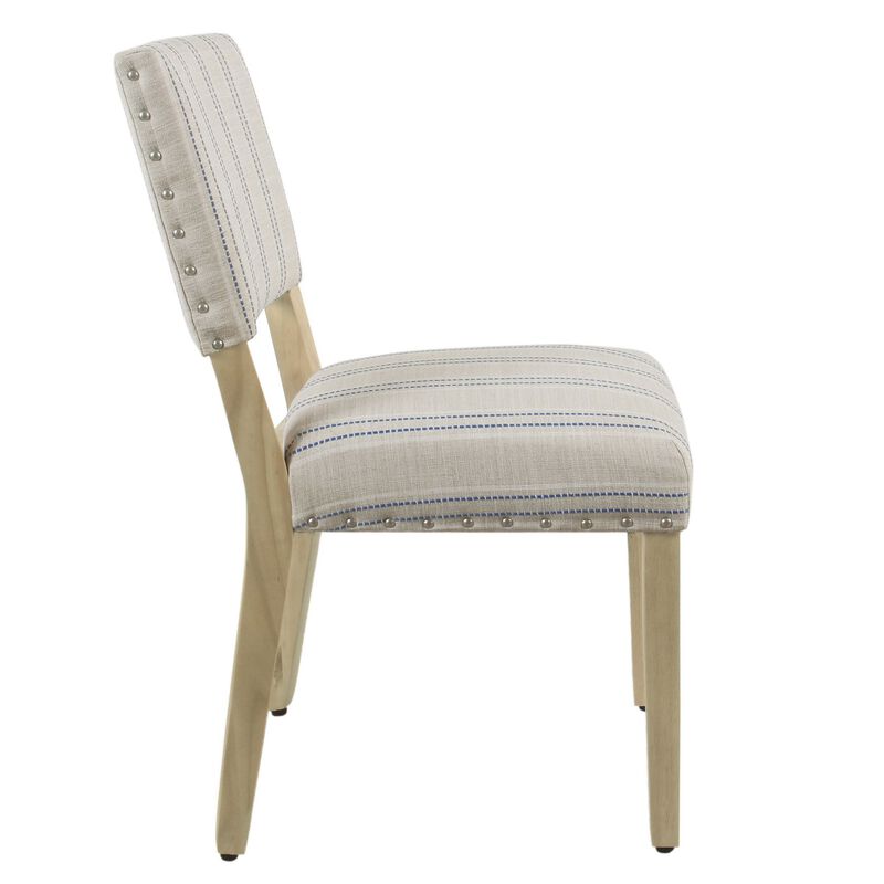 Wooden Dining Chair with Striped Pattern Fabric Cushioned Seat, Blue and White, Set of Two - Benzara