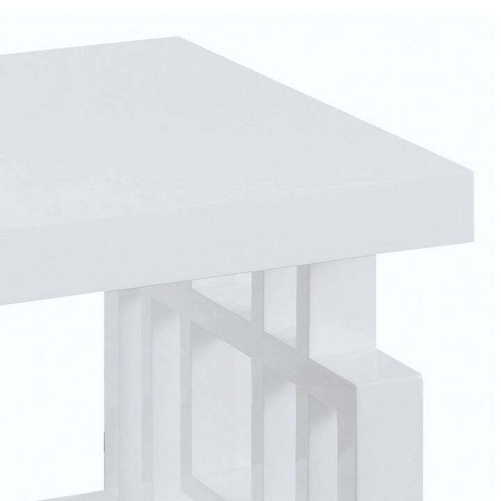 22 Inch Wood End Table, Geometric Frame, 1 Shelf, Glossy White-Benzara