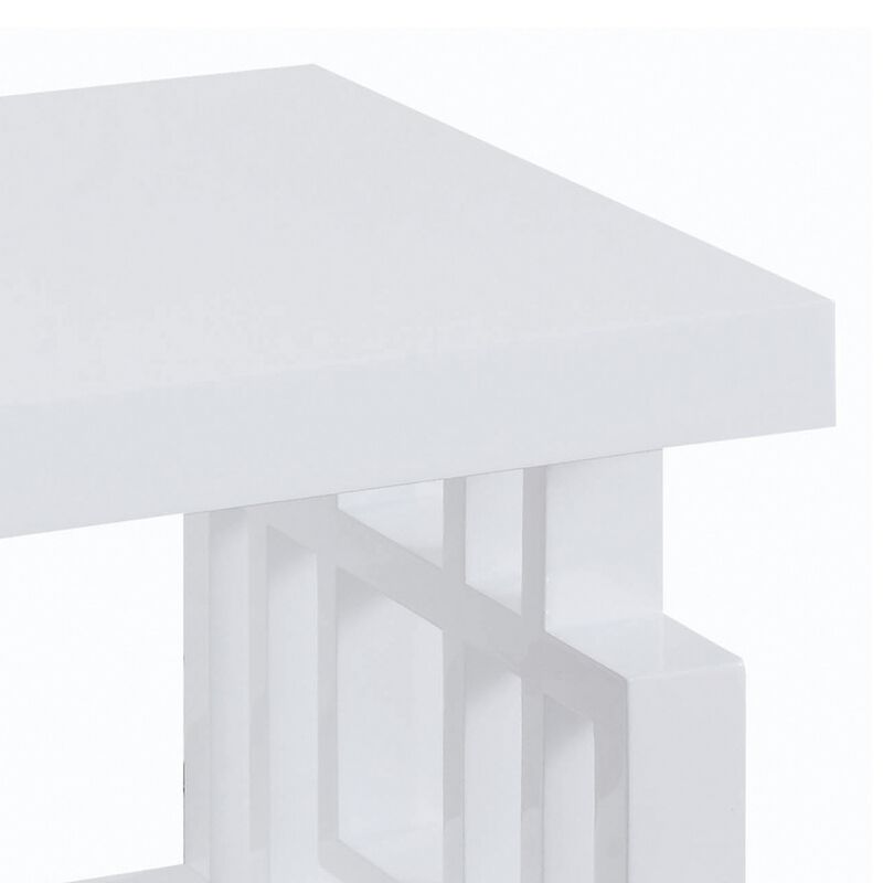 22 Inch Wood End Table, Geometric Frame, 1 Shelf, Glossy White-Benzara
