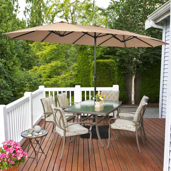 15-Foot Double-Sided Twin Patio Umbrella with Crank Handle and Base