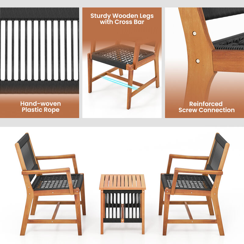 3 Pieces Acacia Wood Patio Conversation Sets with Armchairs Coffee Table