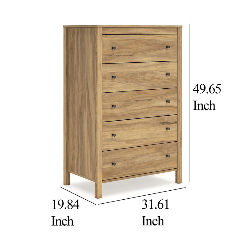 Maci Tall Dresser Chest, 5 Drawers, Natural Brown Wood Finish, 50 Inch - Benzara