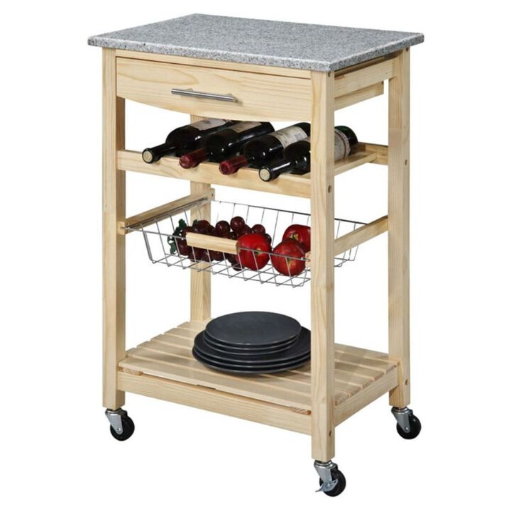 Hivvago Natural Wood Finish Kitchen Island Cart with Granite Top
