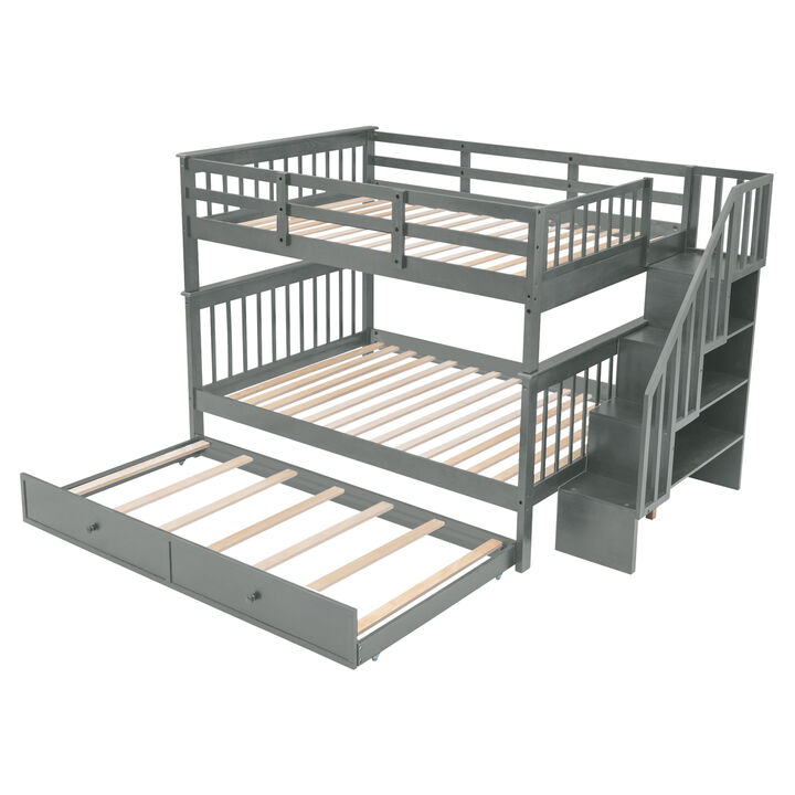Stairway Full-Over-Full Bunk Bed With Twin Size Trundle, Storage And Guard Rail For Bedroom