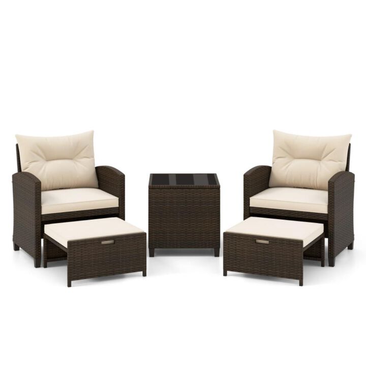 Hivvago 5 Pieces Patio Rattan Furniture with 2 Ottomans and Tempered Glass Coffee Table