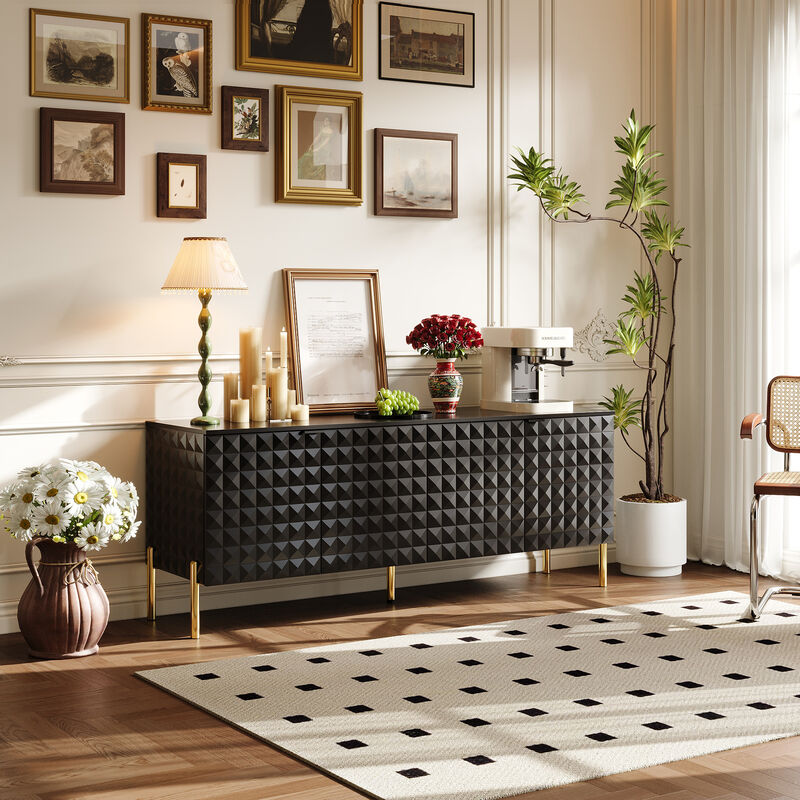 FUFU&GAGA Modern Black Storage Cabinet with Gold Legs, P2 MDF, with Textured Doors and Adjustable Shelves (55.3" W x 21.9" H x 15.7" D), Black