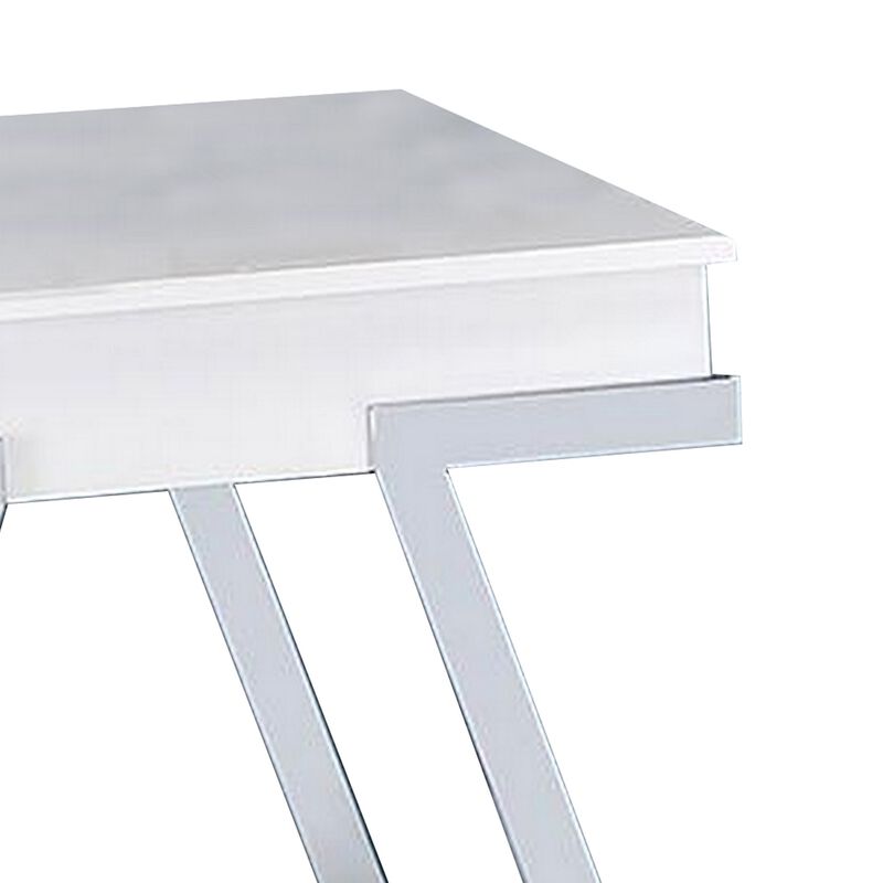 Tius 26 Inch Side End Table, Open Shelf, Chrome, High Gloss White Finish - Benzara