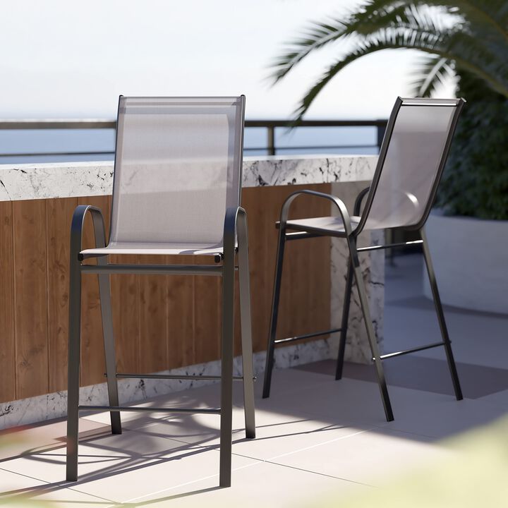 Flash Furniture 2 Pack Brazos Series Gray Outdoor Barstools with Flex Comfort Material and Metal Frame