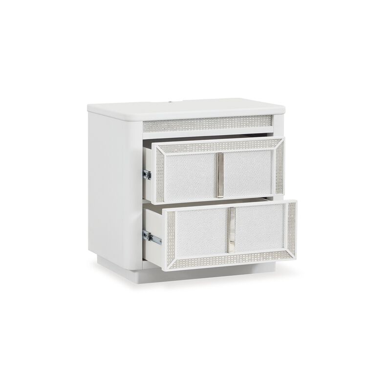 Canaal Nightstand, 2 Drawer, White Solid Wood, 28 Inch, LED Light - Benzara