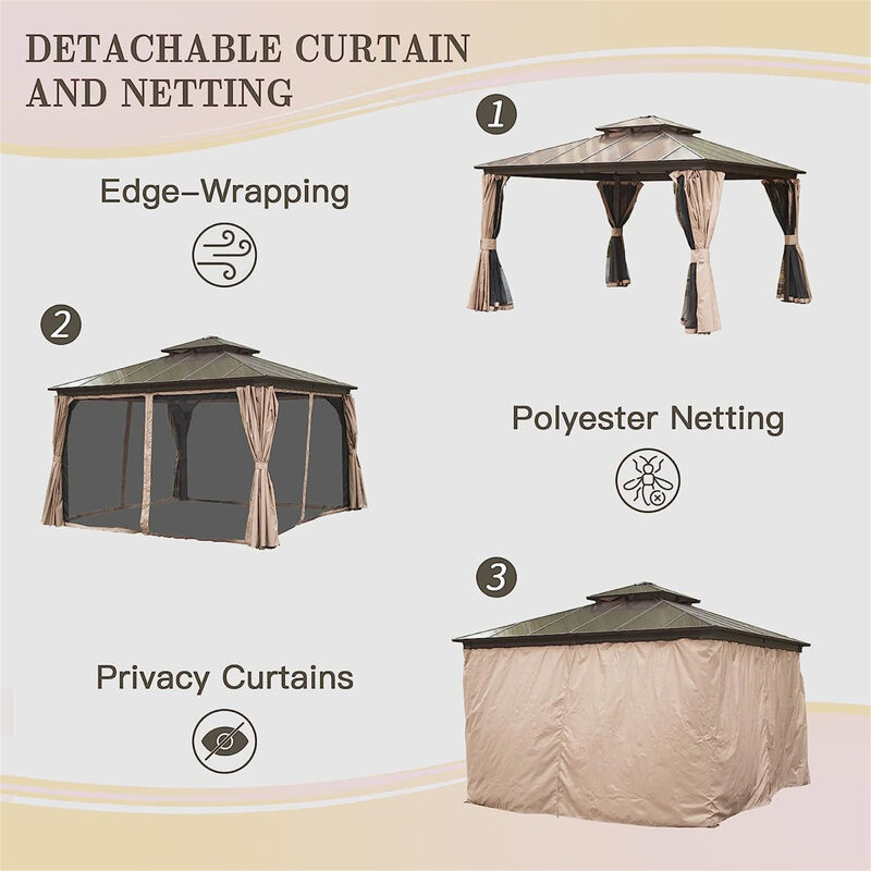 12'x12' Hardtop Gazebo with Polycarbonate Roof & Curtains