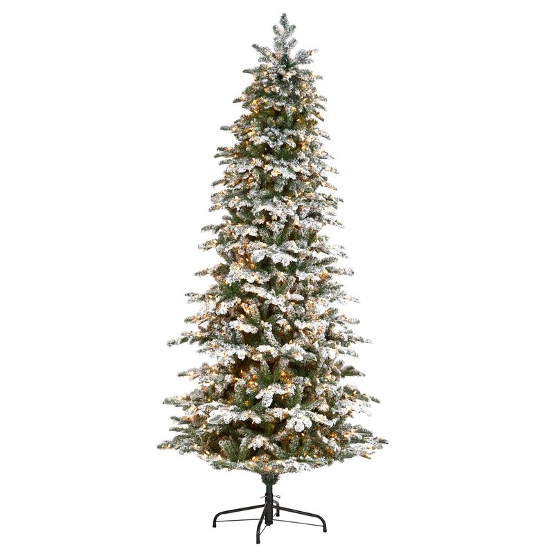Nearly Natural 8-ft Flocked North Carolina Fir Artificial Christmas Tree with 650 Warm White Lights and 2593 Bendable Branches