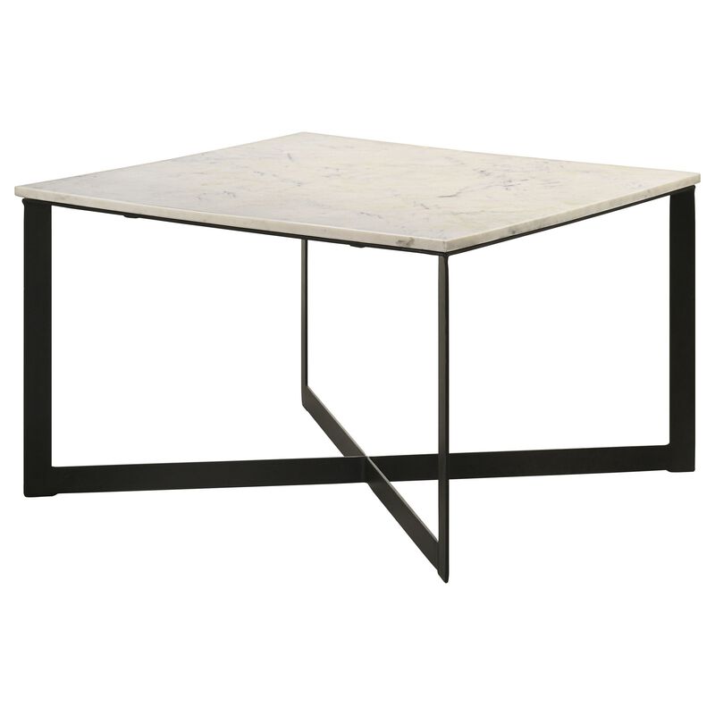 Sovi 28 Inch Side Coffee Table, Marble Top, Black Metal Frame, White Finish - Benzara