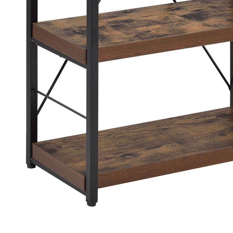 4 Tiered Metal Framed Wooden Bookshelf, Weathered Oak Brown and Black-Benzara