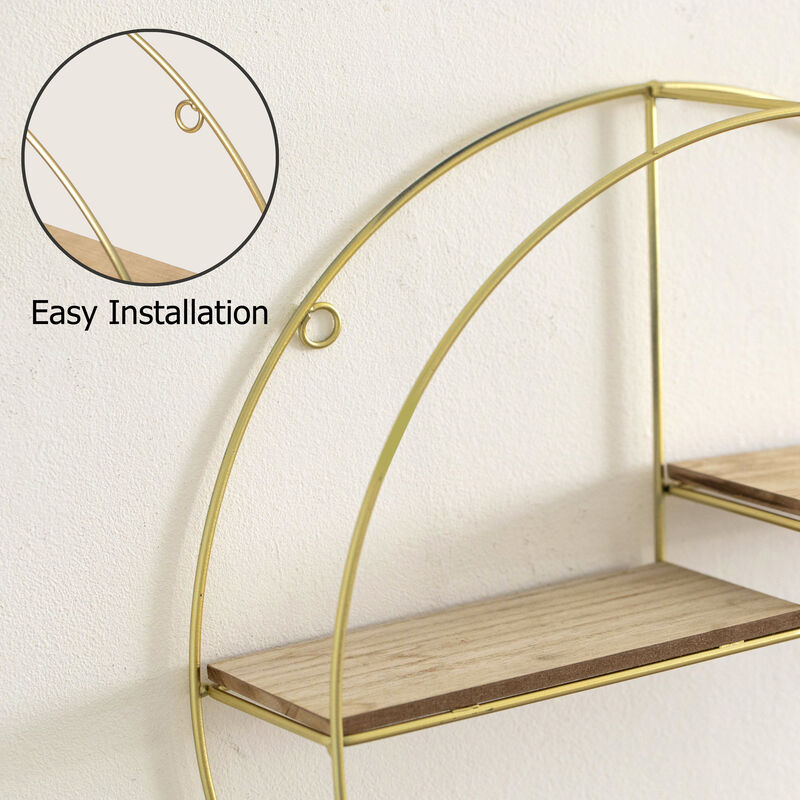 Vintiquewise Elegant 3-Tier Decorative Floating Geometric Arc Wall Shelf - Semi-Circular Metal and Wood Wall-Mounted Shelf for Entryway, Bathroom, Bedroom, and Living Room Decor, Gold Finish