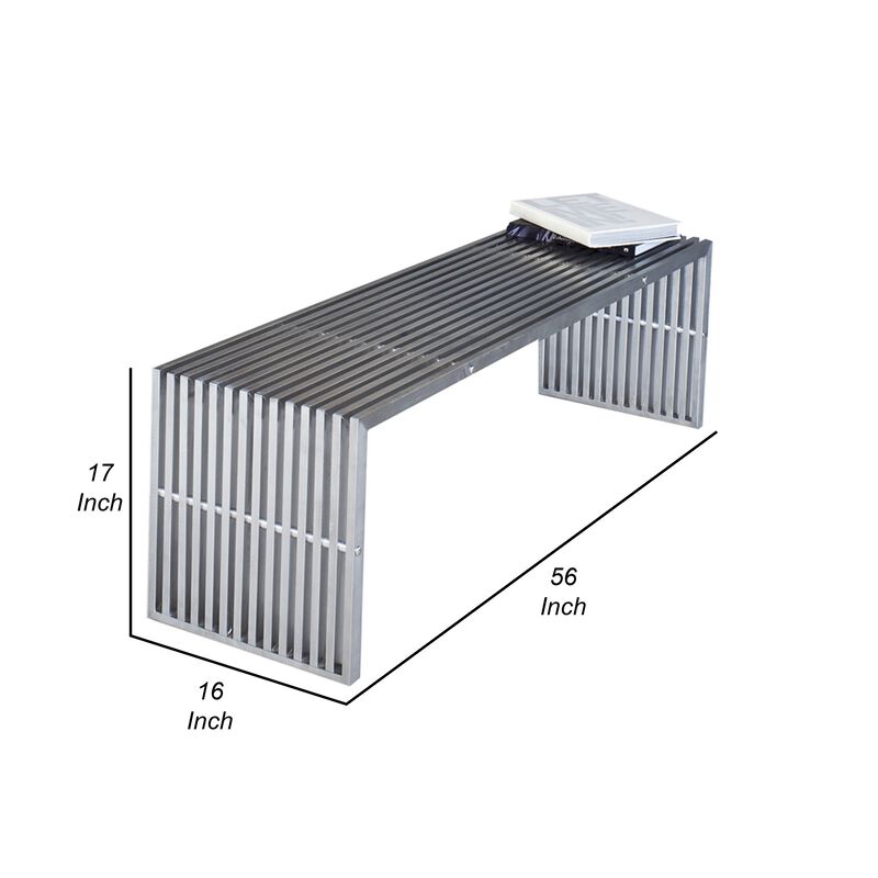 Niki 55 Inch Metal Bench, Slatted, Rectangular Shape, Brushed Silver Steel - Benzara