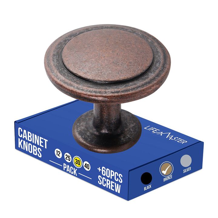 30pcs Oil Rubbed Bronze Cabinet Knobs - Modern Design, Rust-Proof Finish, Strong Zinc Alloy Construction - Complete with 60 Screws for Kitchen, Dresser, Drawer Pulls