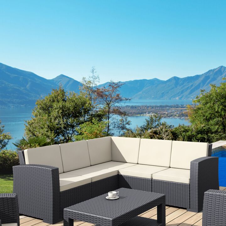 5 Piece Brown Outdoor Patio Sectional with Natural Beige Sunbrella Cushion 81.5"