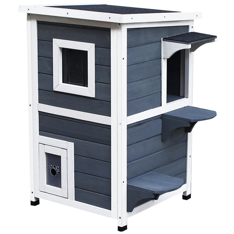 Dark Gray Feline Fortress: 2-Floor Outdoor Cat House with Window