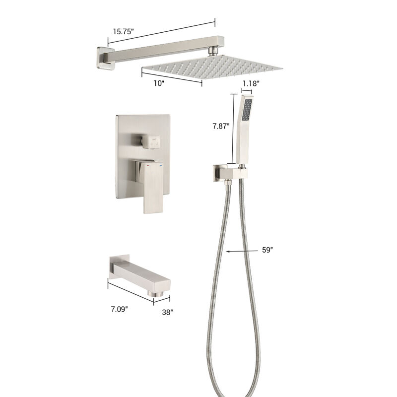 Brushed Nickel Shower System 10 Inch Brass Bathroom Deluxe Rain Mixed Shower Combination Set