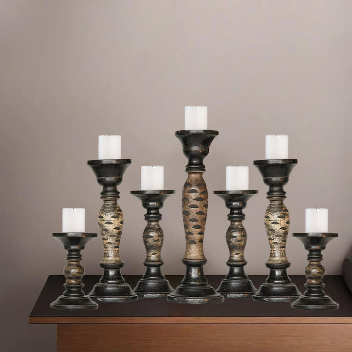 Traditional Dark Polish Eco-friendly Handmade Mango Wood Set Of Seven 6",9",12",15",12",9" & 6" Pillar Candle Holder BBH Homes