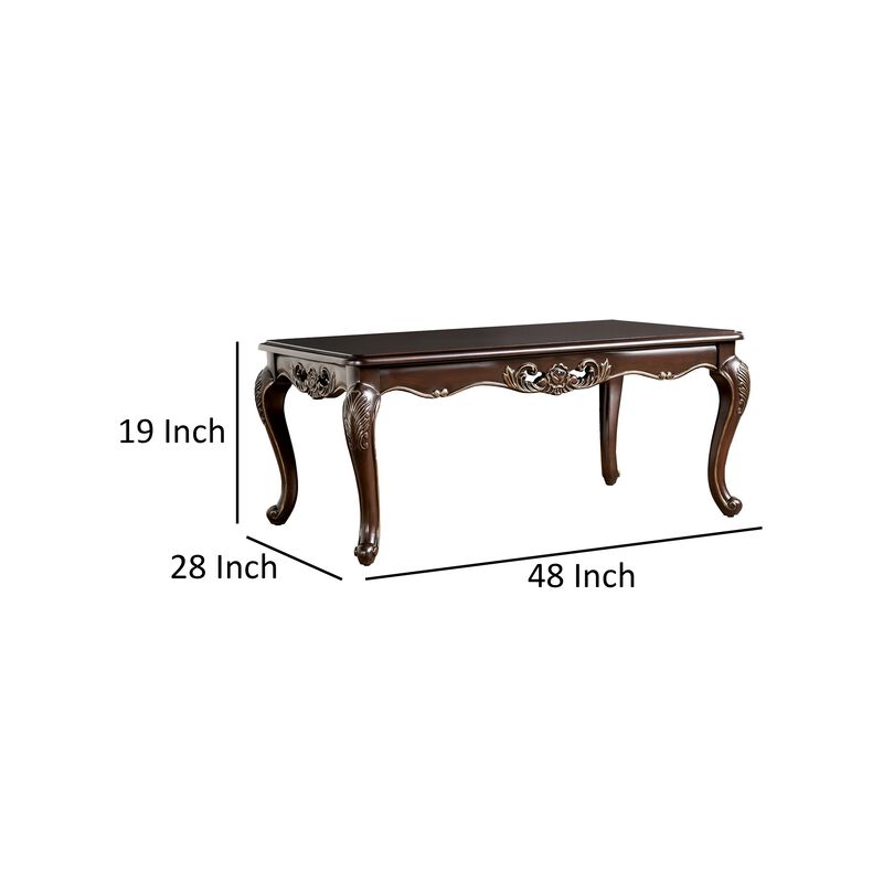Halie Coffee Table, 48 Inch, Classic Cabriole Legs, Dark Brown Solid Wood
