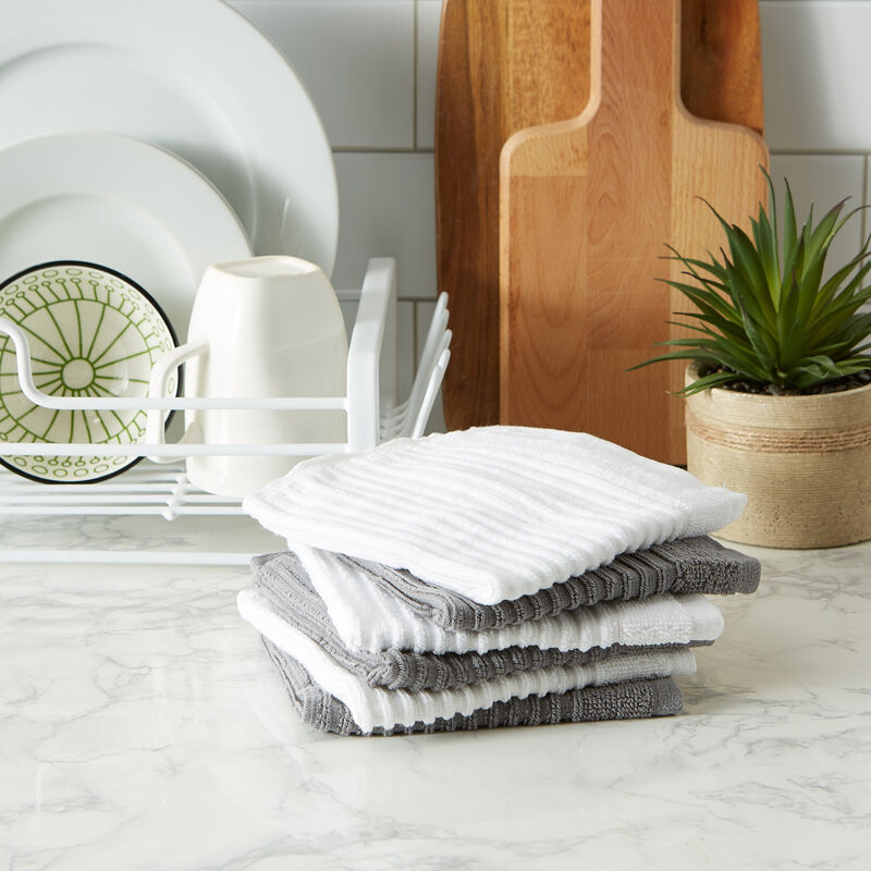 Set of 6 Gray and White Ribbed Square Dishcloths 12"