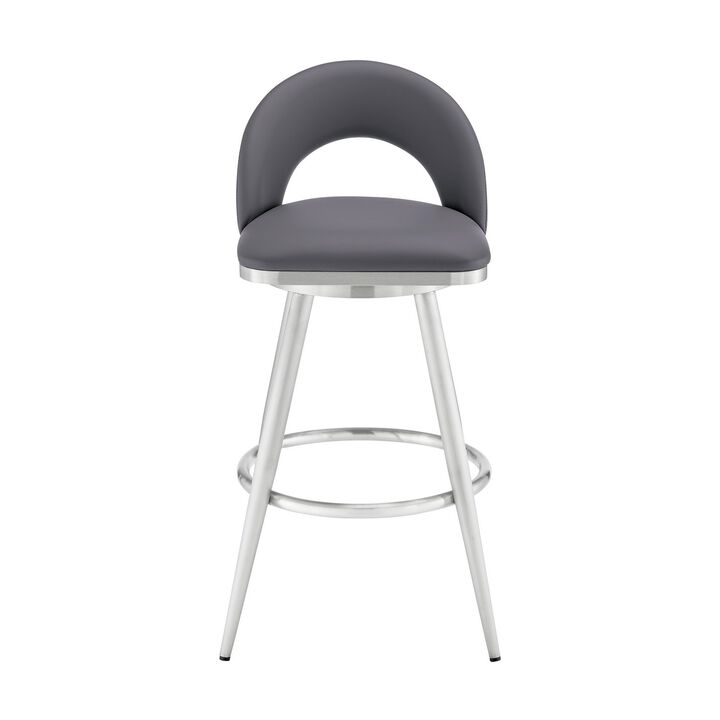 Teco 26 Inch Swivel Counter Stool, Chrome, Curved Back, Gray Faux Leather - Benzara
