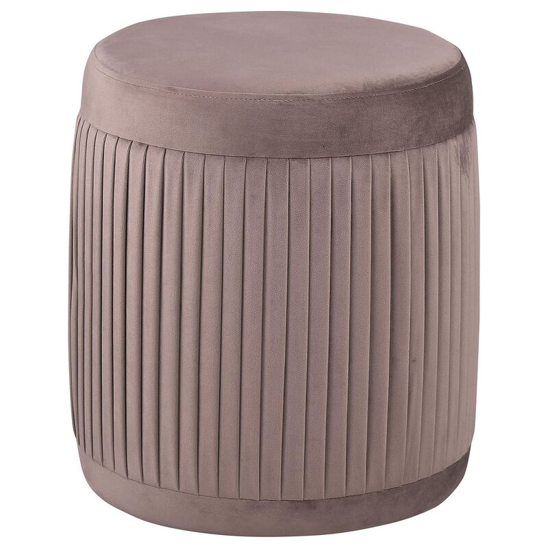 Tiana Ottoman, Mauve Fabric Pleated Design, Round 18 Inch, Wood Frame - Benzara