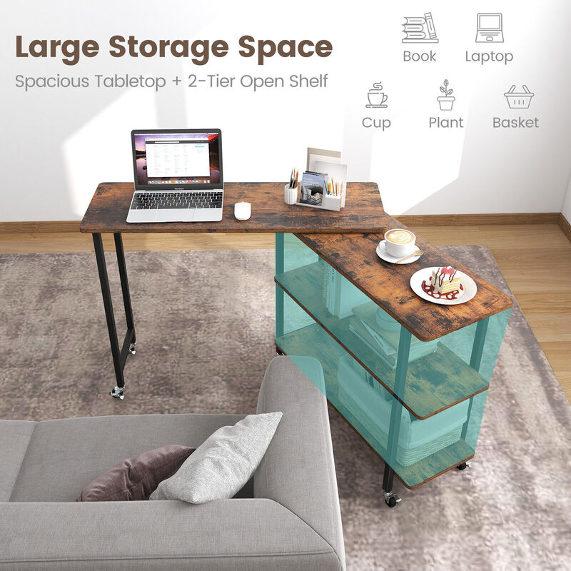 360� Rotating Sofa Side Table with 2-Tier Storage Shelves-Rustic Brown