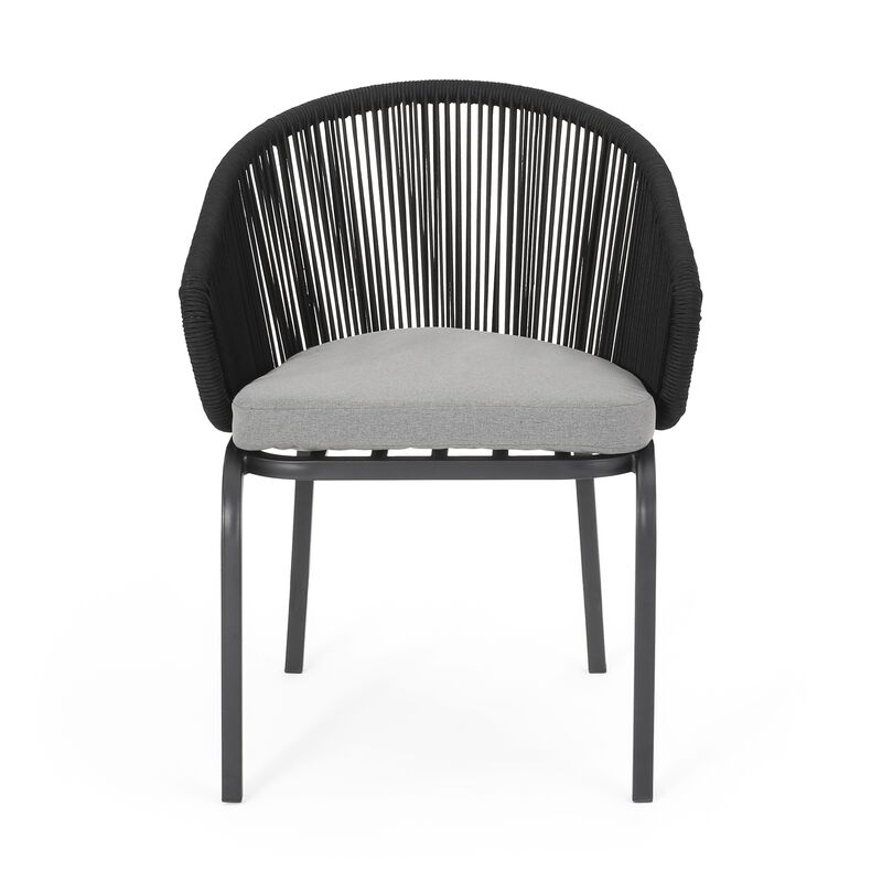 Candy Outdoor Dining Chair Set of 2, Gray Fabric, Black Metal, Woven Rope