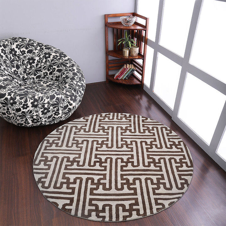 RUGSOTIC CARPETS HAND TUFTED WOOL ECO-FRIENDLY AREA RUGS - 8'x8', Round Shape, Cream & Brown, Contemporary Modern Design, High Pile Handmade Anti Skid Area Rugs for Living Room, Bed Room (K00727)