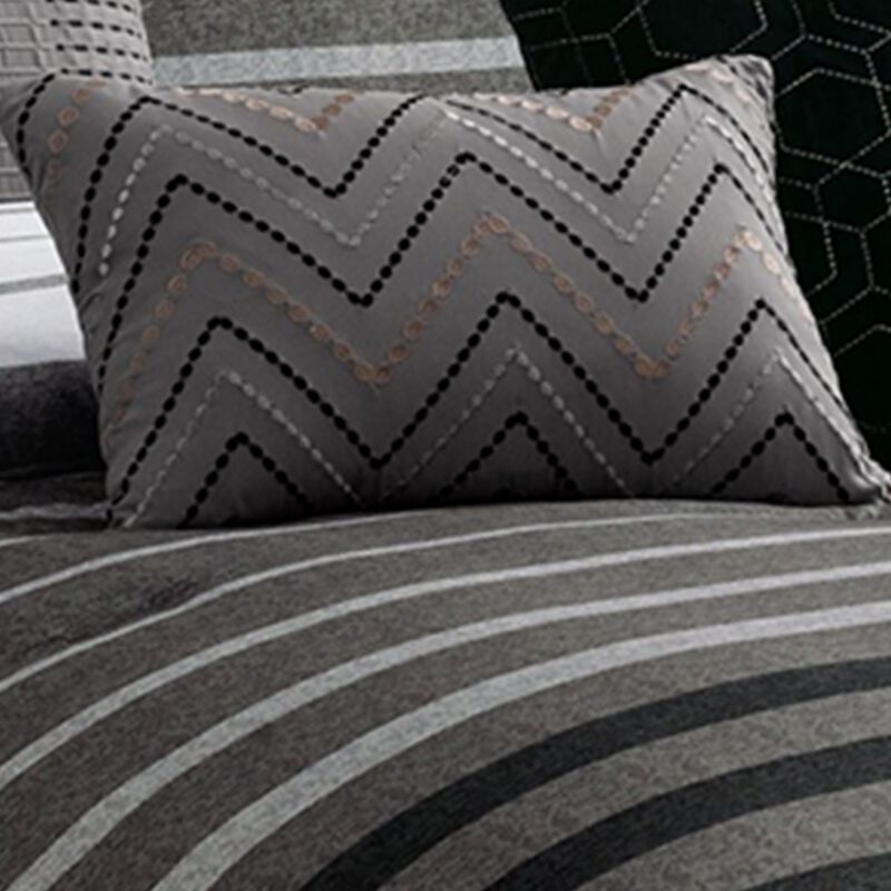 10 Piece Queen Polyester Comforter Set with Striped Details, Black and Gray-Benzara