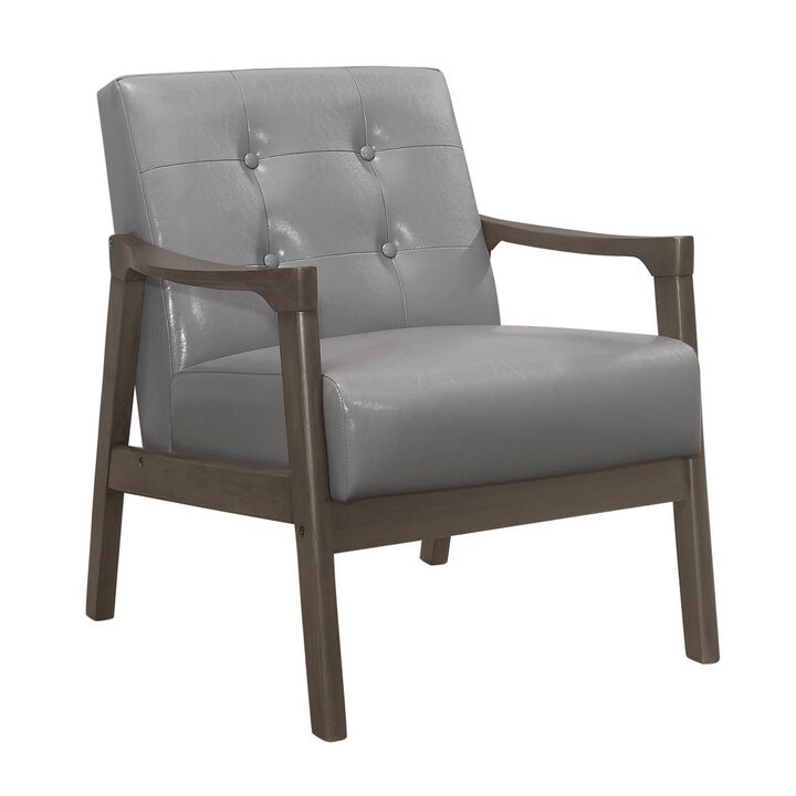 Aly 31 Inch Accent Chair Armchair, Gray Faux Leather, Brown Solid Wood - Benzara
