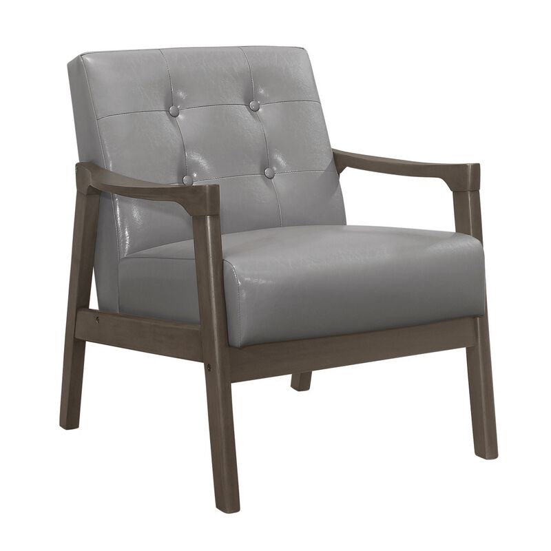 Aly 31 Inch Accent Chair Armchair, Gray Faux Leather, Brown Solid Wood - Benzara